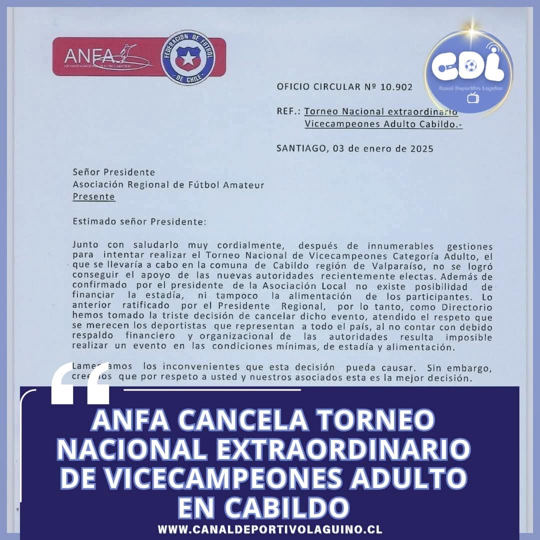 “ANFA cancela Torneo Nacional Extraordinario de Vicecampeones Adulto en Cabildo”
